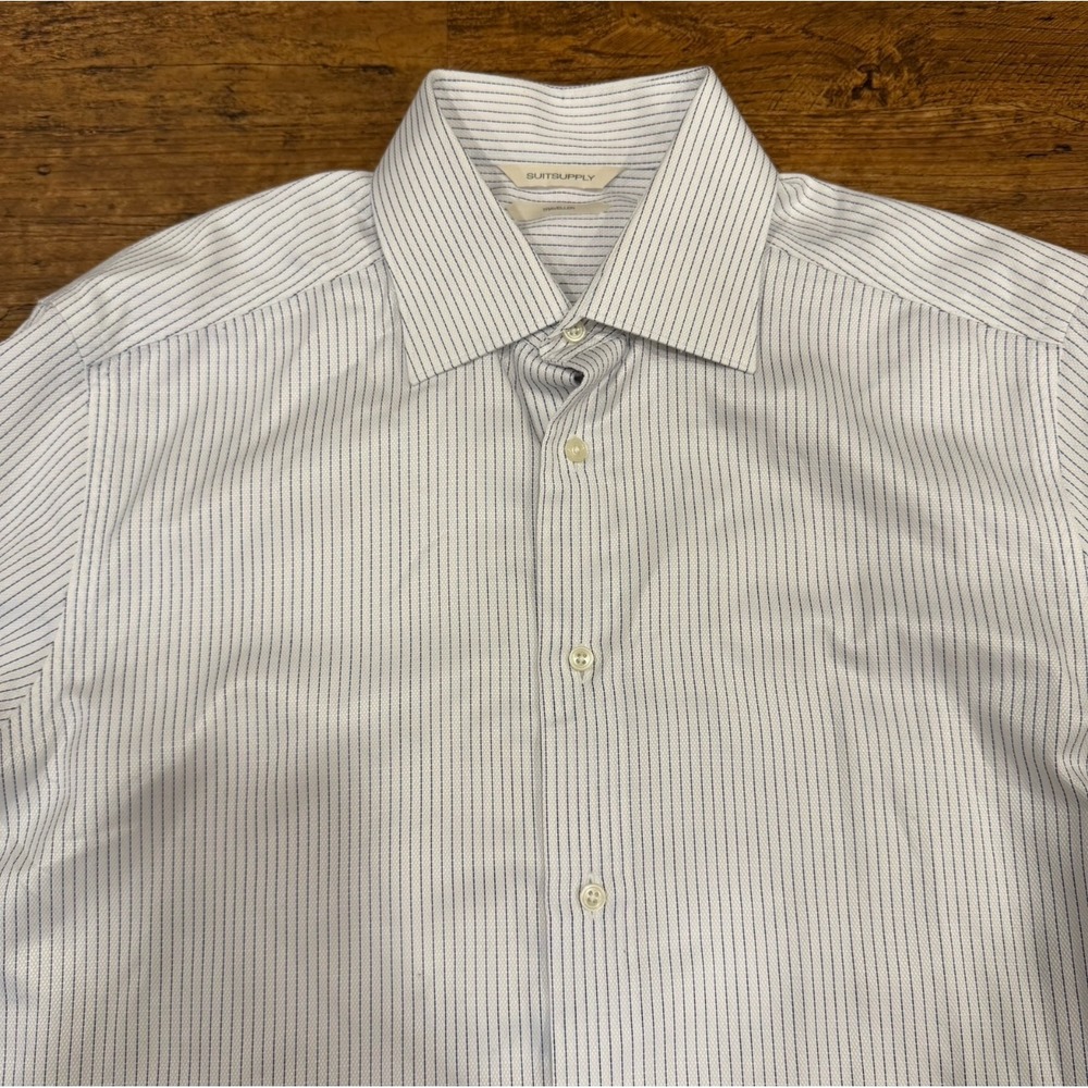 SUITSUPPLY White Traveller Slim Fit Striped Button Up Dress Shirt Men 40-15 3/4